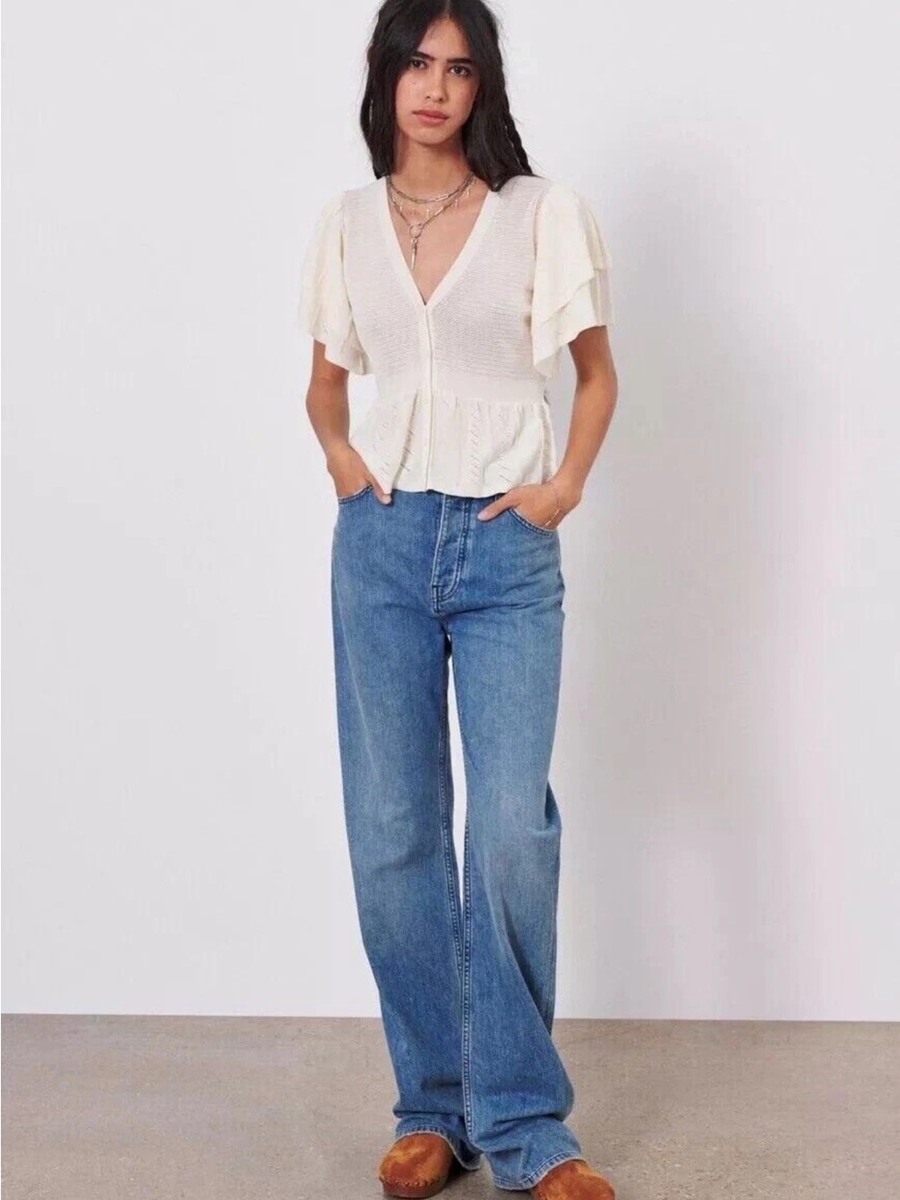 ba&sh Cream Ruffle-Sleeve Button Front Peplum Top - Picture 7 of 9